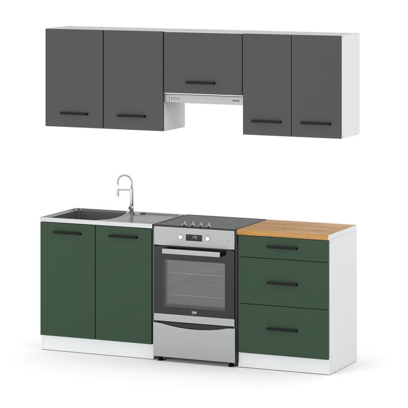 Kuchnia nowoczesna modułowa z blatem 2m mała biały szary butelkowa zieleń