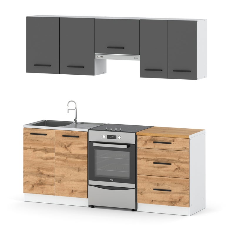 Meble kuchenne modułowe nowoczesne pojemne z blatem 2m biały szary wotan