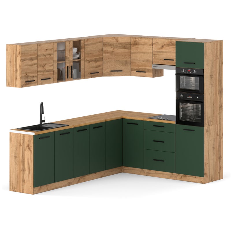 Kuchnia marra z blatem duża 4.6m narożna wotan dąb wotan butelkowa zieleń
