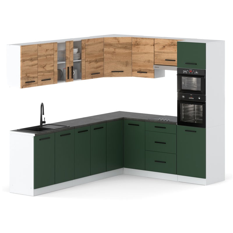 Kuchnia duża modułowa blat marra narożna 4.6m biała wotan butelkowa zieleń