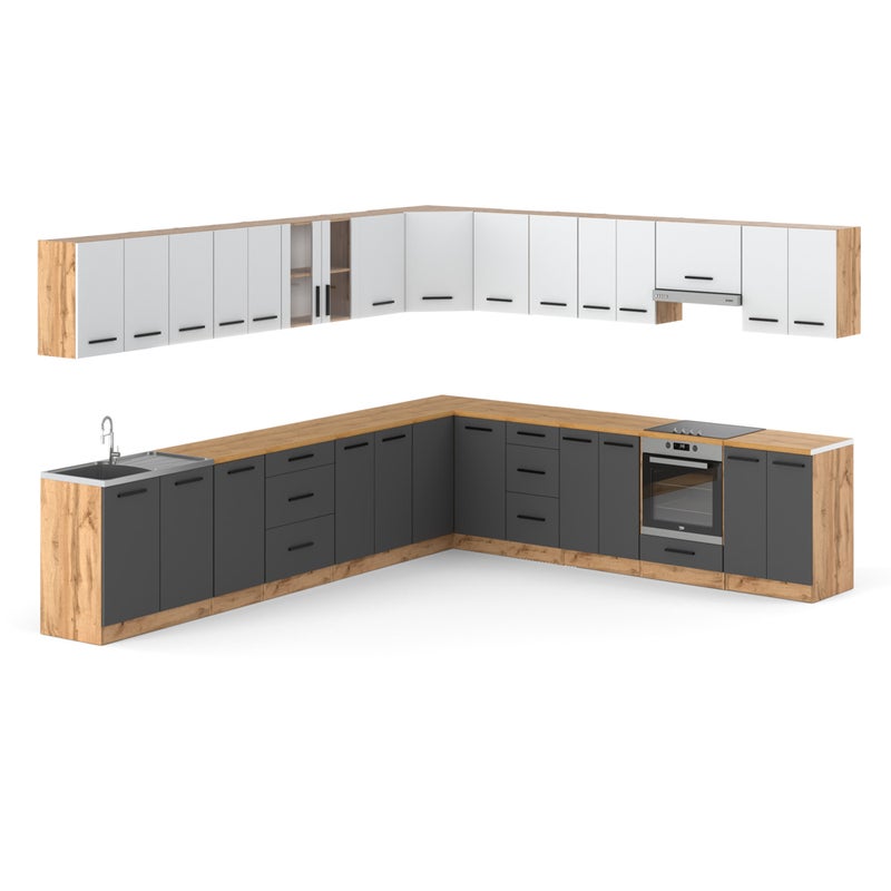 Kuchnia narożna duża modułowa nowoczesna z blatem 6.8m wotan biały szary