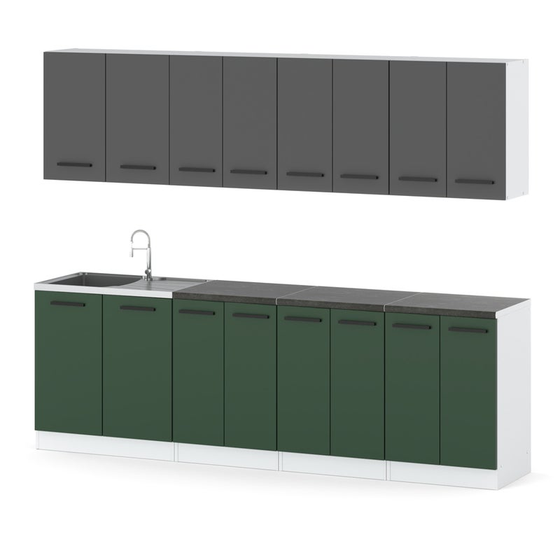 Kuchnia vero 2.6m modułowa z blatem duża biała szara mat butelkowa zieleń