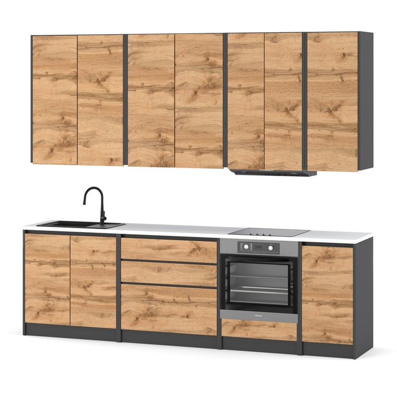 Meble kuchenne szare z drewnem zestaw bella nowoczesny 2.6m szary wotan