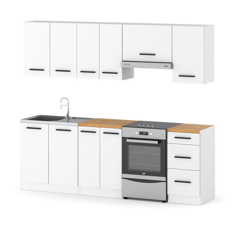 Meble kuchenne białe mat z drewnianymi blatami zestaw kuchenny mokka 2.4m