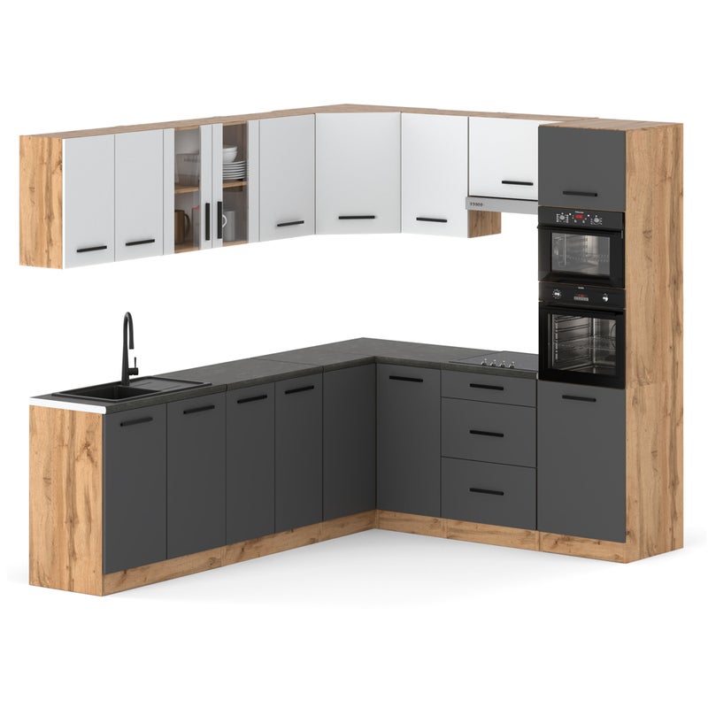 Kuchnia zestaw z blatem narożny modułowy marra 4.6m wotan biała szara mat