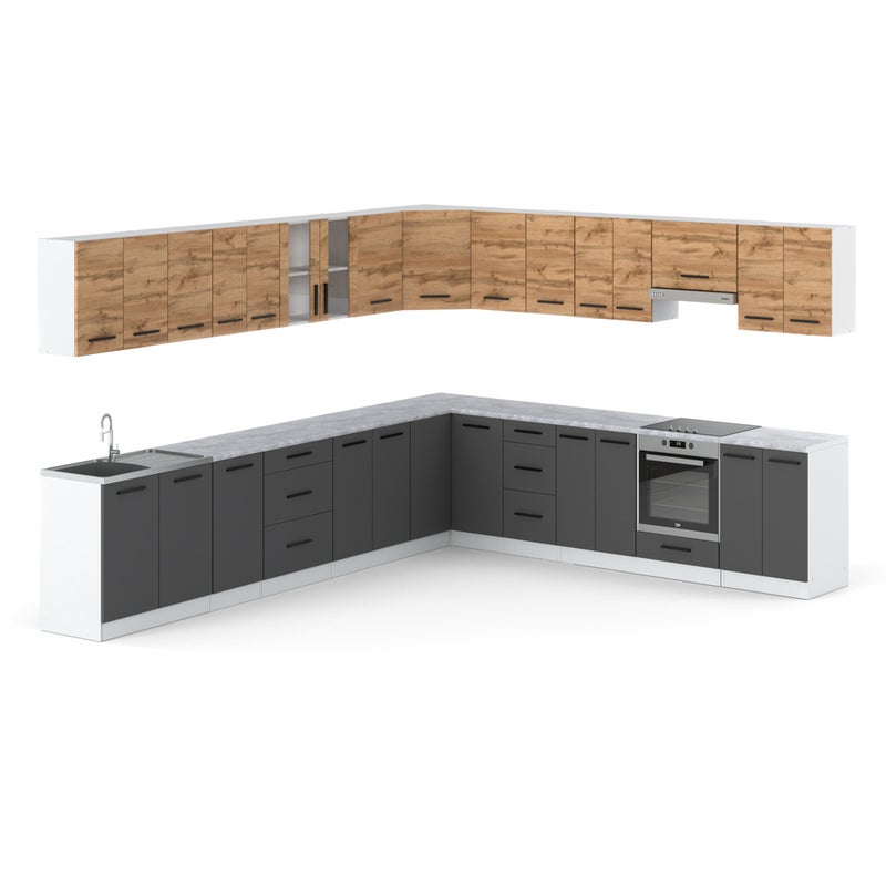 Meble kuchenne szare z drewnem narożne kuchnia rossa 6.8m dąb wotan szara