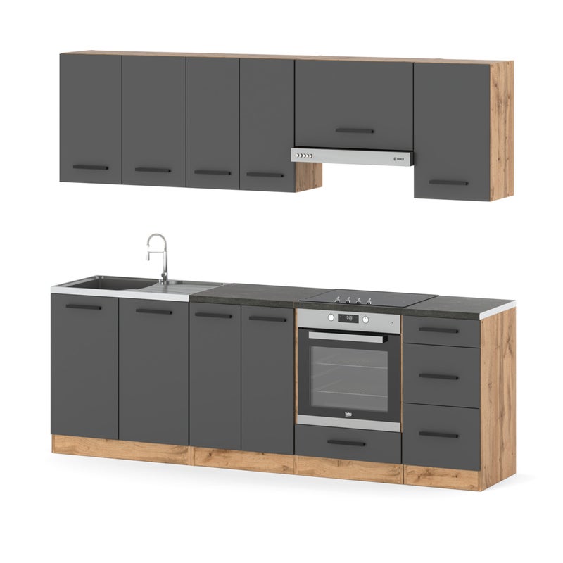Zestaw kuchenny modułowy z blatem mały nowoczesny 2.4m dąb wotan szary mat