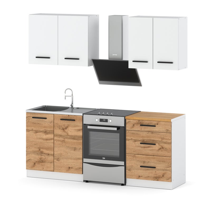 Meble kuchenne białe z drewnem nowoczesne modułowe szafki mini mokka 2.0m