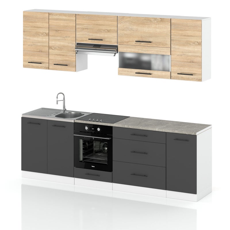 Meble kuchenne szare z drewnem marocco 2.6m nowoczesne dąb sonoma szary mat