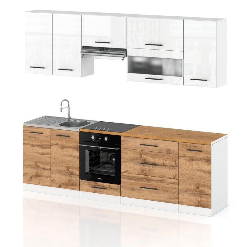 Meble kuchenne zestaw kuchenny marocco modułowy 2.6m biały połysk dąb wotan