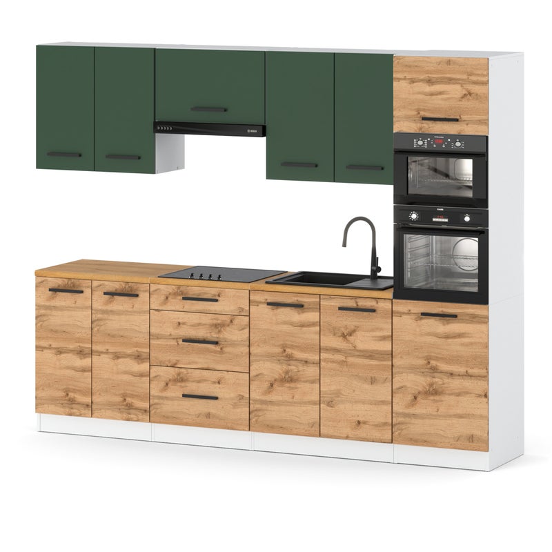 Kuchnia modułowa nowoczesna blat słupek 2.6m biały butelkowa zieleń wotan