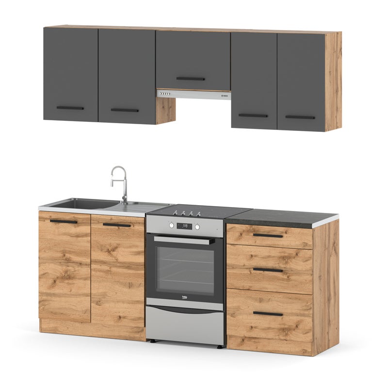 Kuchnia nowoczesna mała z blatem pojemna 2m modułowa wotan szara dąb wotan