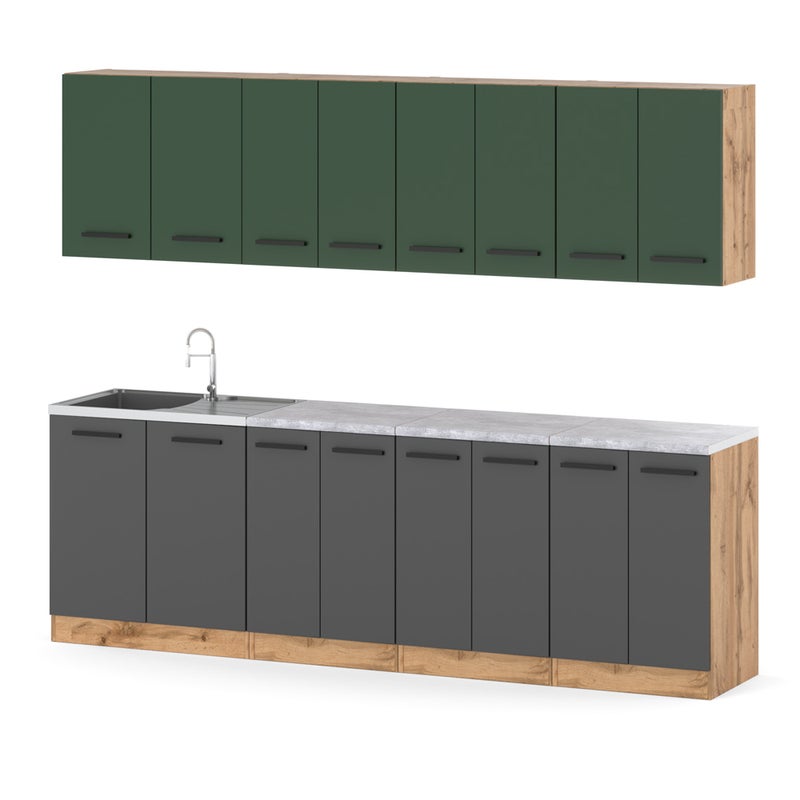 Kuchnia z blatem modułowa vero 2.6m nowoczesna wotan butelkowa zieleń szara