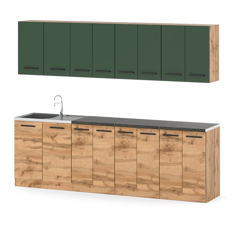 Kuchnia z blatem duża vero drewniana 2.6m wotan butelkowa zieleń dąb wotan