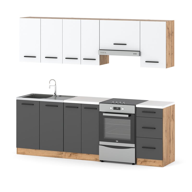 Kuchnia nowoczesna modułowa z blatem mokka 2.4m mała wotan biały szary mat