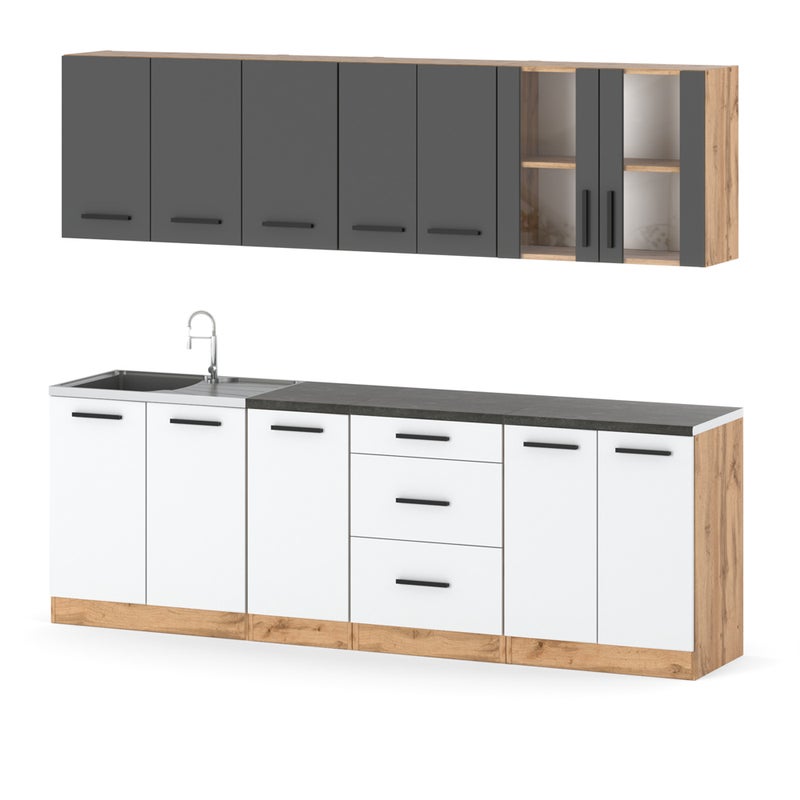 Kuchnia modułowa nowoczesna z blatem pojemna duża 2.6m wotan szary biały