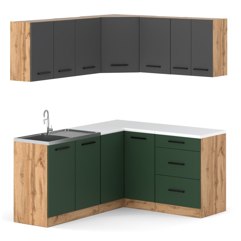 Kuchnia narożna modułowa z blatem duża 3.2m wotan szary butelkowa zieleń