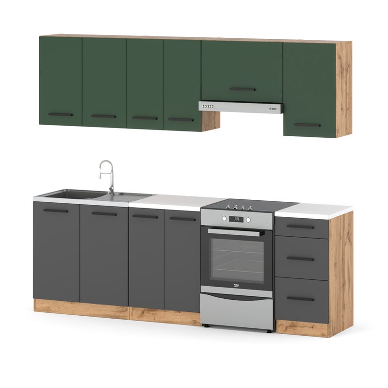 Kuchnia pojemna modułowa z blatem mokka 2.4m wotan butelkowa zieleń szary