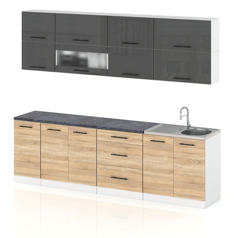 Meble kuchenne zestaw mebli kuchennych robo lux 2.6m szary połysk sonoma