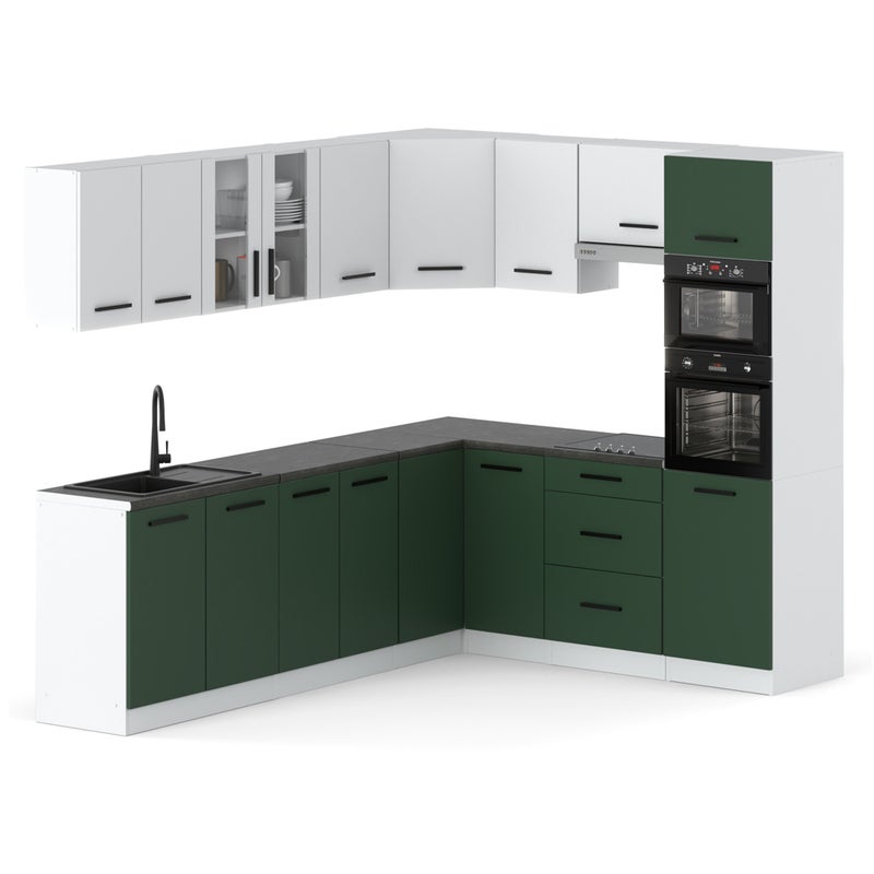 Kuchnia narożna z blatem duża marra 4.6m biała biała mat butelkowa zieleń