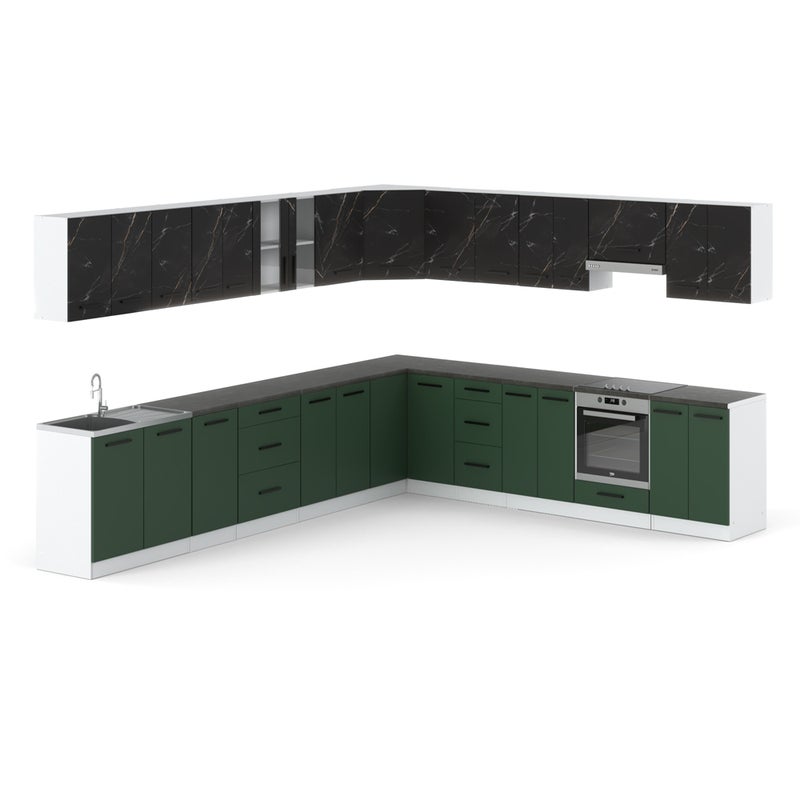 Kuchnia narożna modułowa z blatem 6.8m biały san sebastian butelkowa zieleń