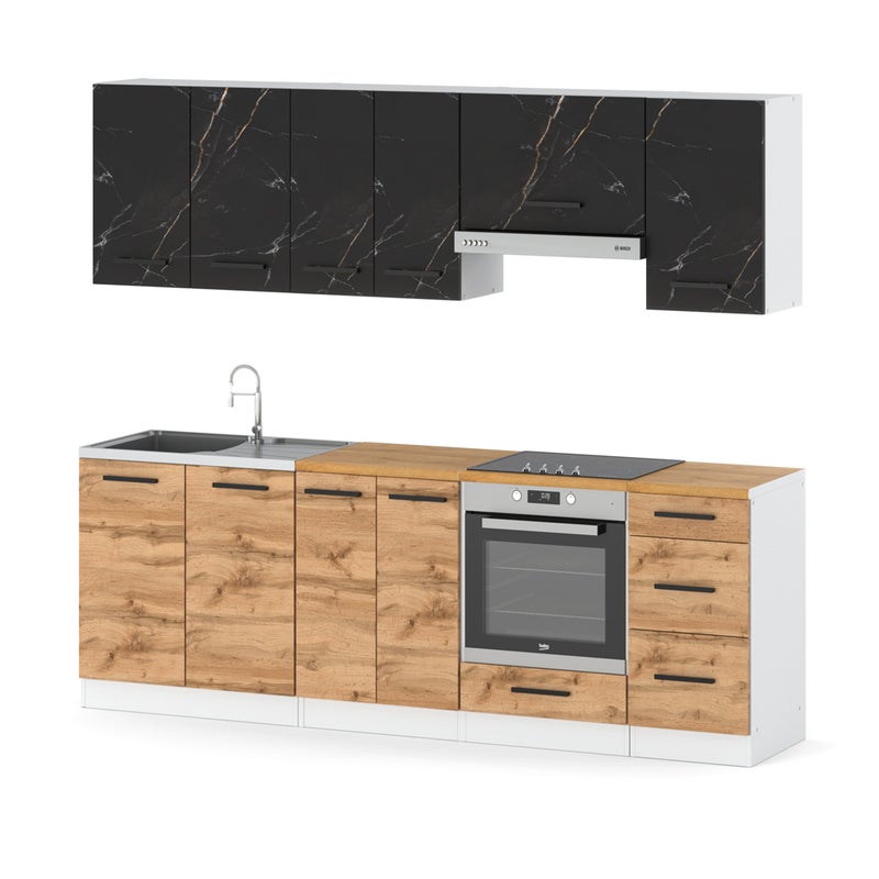 Kuchnia nowoczesna z blatem mokka plus 2.4m biała san sebastian dąb wotan