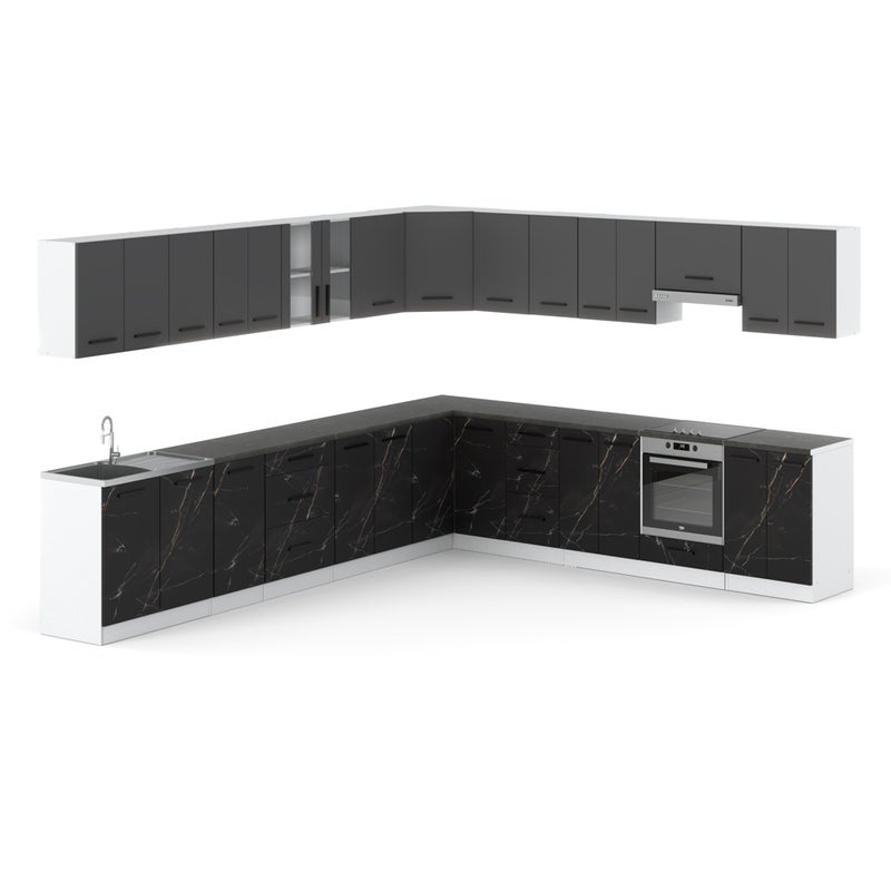 Kuchnia nowoczesna narożna modułowa blat 6.8m biała szara san sebastian