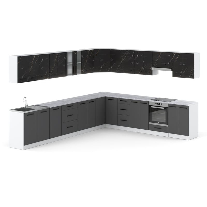 Kuchnia duża nowoczesna modułowa blat 6.8m biały san sebastian szary mat