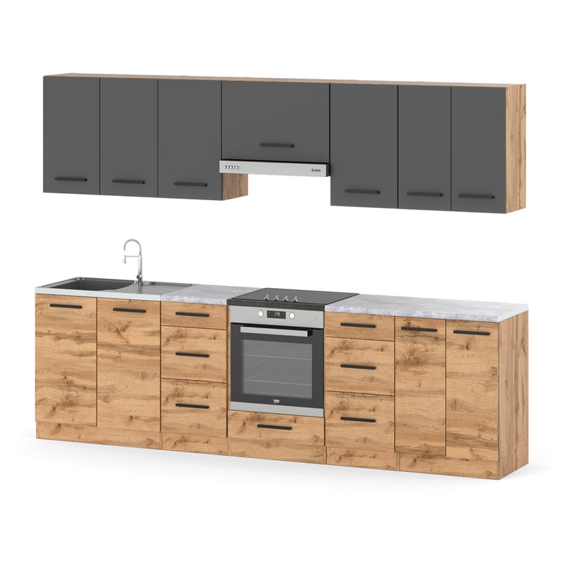 Kuchnia modułowa pojemna szafka blat piekarnik 2.8m wotan szary dąb wotan