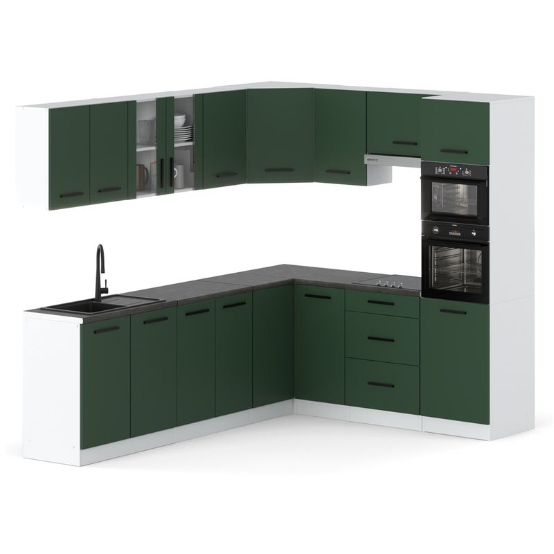 Kuchnia modułowa z blatem pojemna duża narożna 4.6m biała butelkowa zieleń