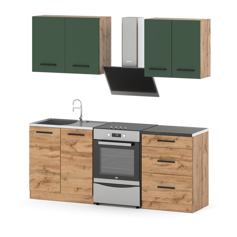 Zestaw mebli kuchennych z blatem mała 2m wotan butelkowa zieleń dąb wotan