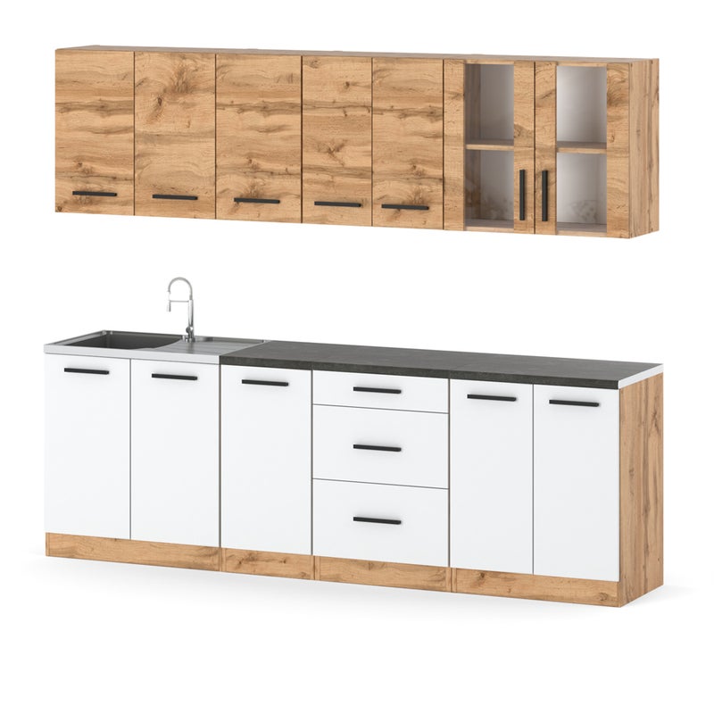 Kuchnia modułowa z blatem duża drewniana 2.6m wotan dąb wotan biały mat