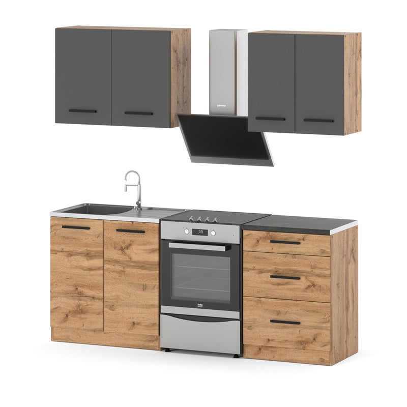 Kuchnia pojemna modułowa mała pojemna z blatem 2m wotan szary mat dąb wotan