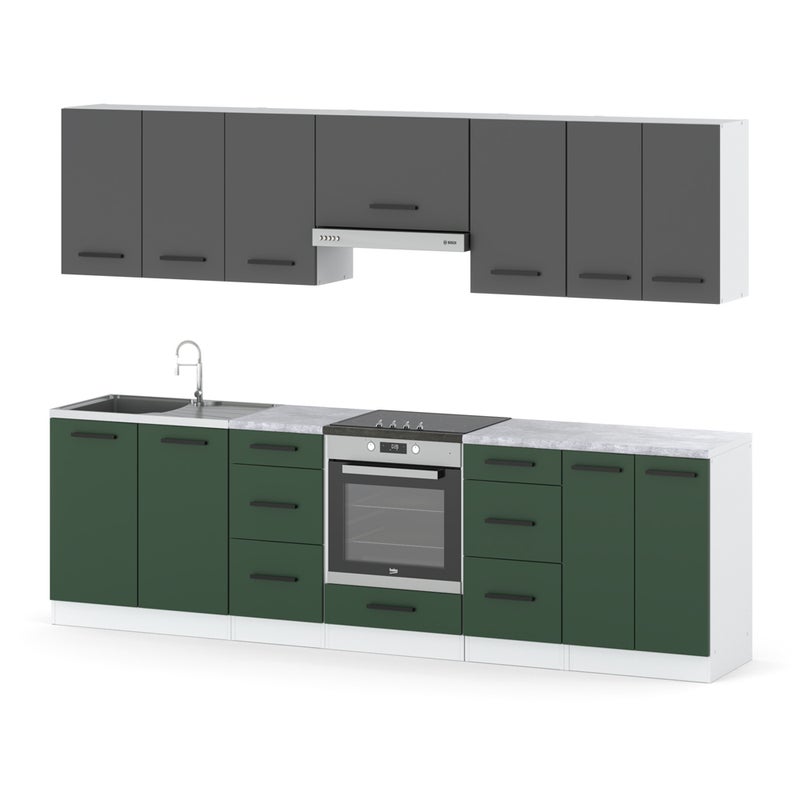 Kuchnia modułowa piekarnik z blatem duża 2.8m biały szary butelkowa zieleń