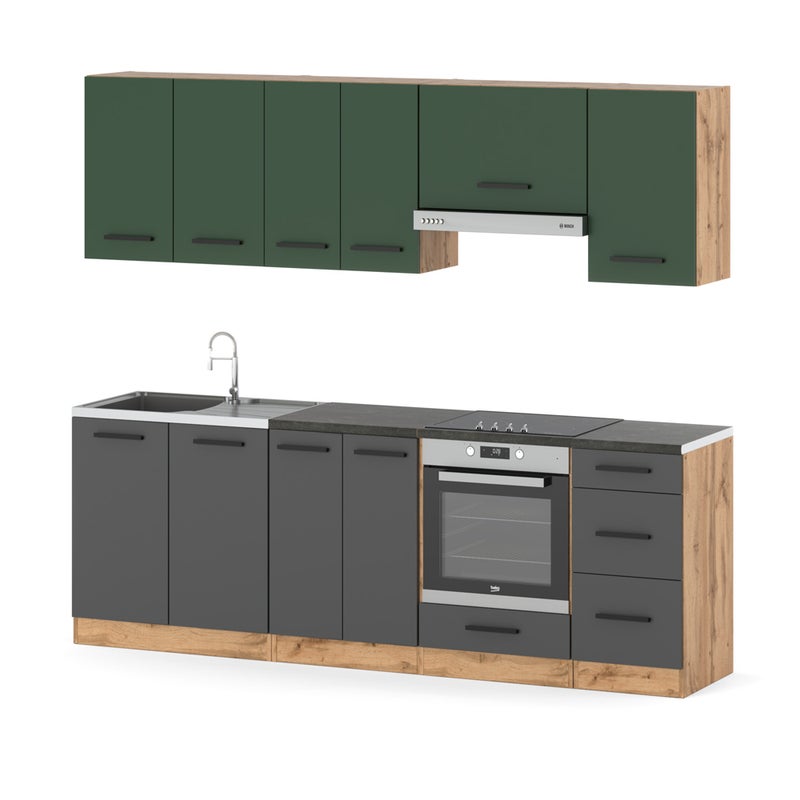 Kuchnia pojemna z blatem mokka plus 2.4m wotan butelkowa zieleń szara mat