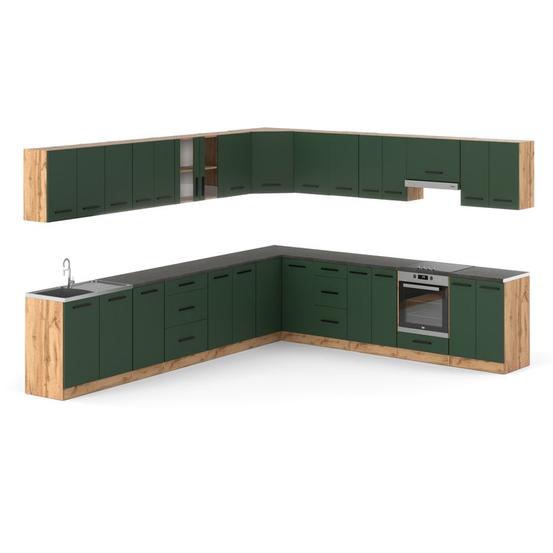 Meble kuchenne narożne zestaw kuchenny rossa 6.8m wotan butelkowa zieleń