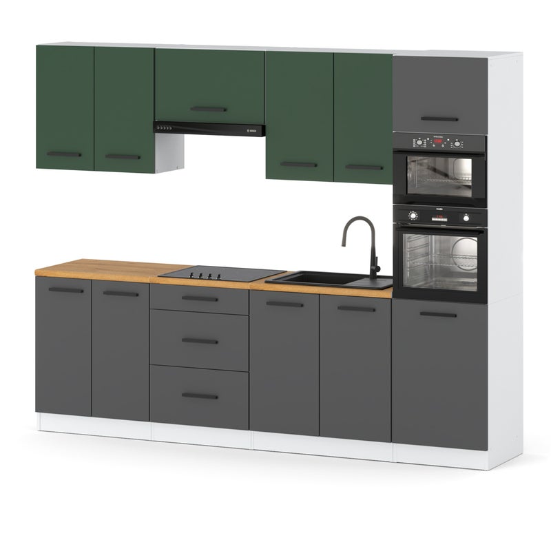 Zestaw kuchenny modułowy z blatem słupek 2.6m biały butelkowa zieleń szary