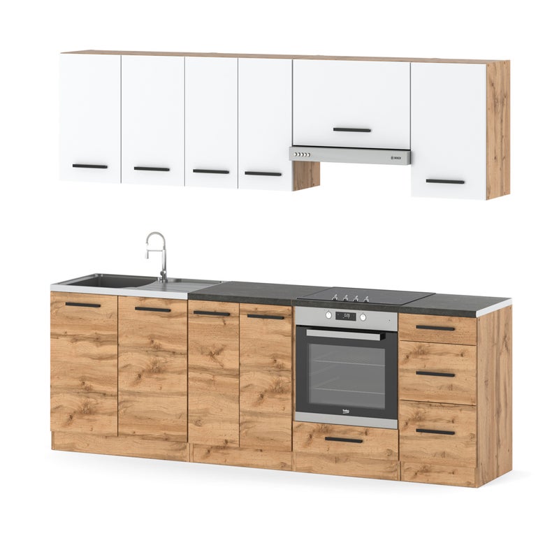 Kuchnia mokka plus 2.4m modułowa z blatem pojemna wotan biała mat dąb wotan