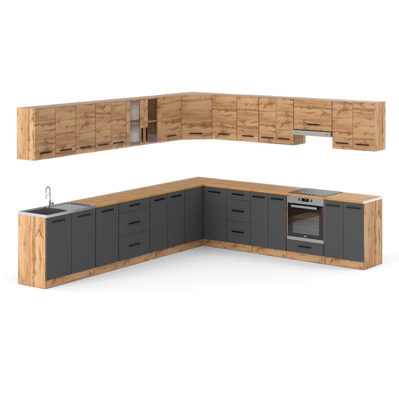 Kuchnia duża narożna modułowa z blatem pojemna 6.8m wotan dąb wotan szary