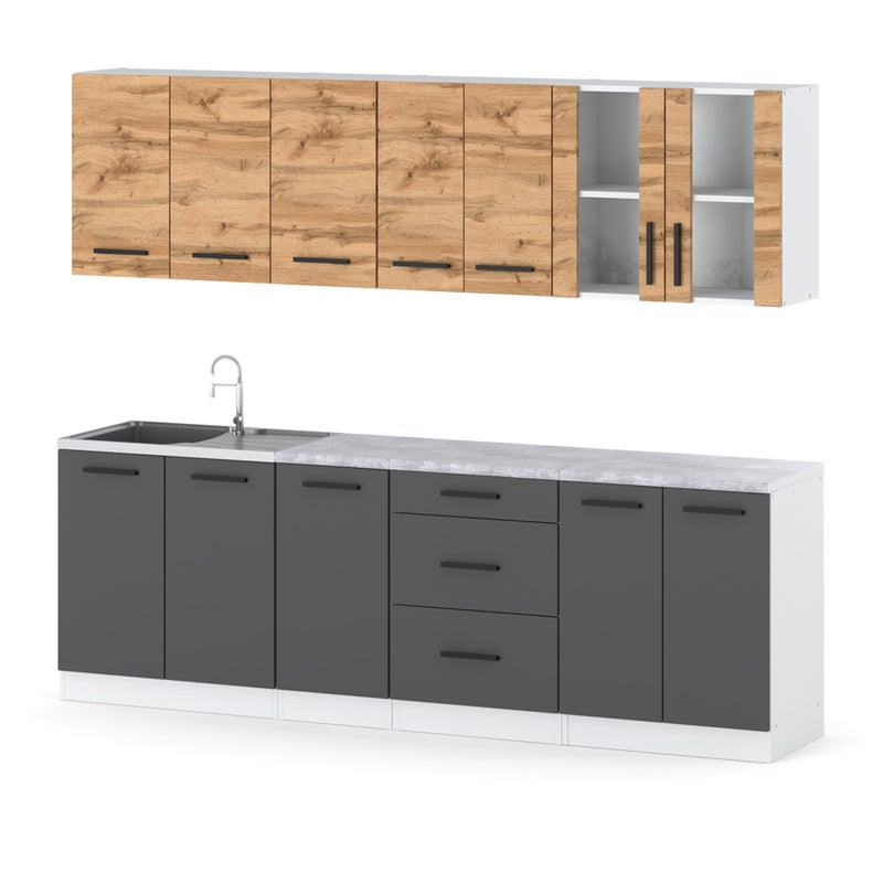 Meble kuchenne szare z drewnem remino 2.6m nowoczesny komplet dąb wotan