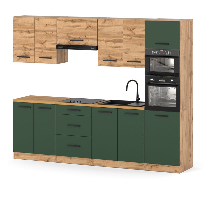 Kuchnia ze słupkiem nowoczesny zestaw 2.6m wotan dąb wotan butelkowa zieleń