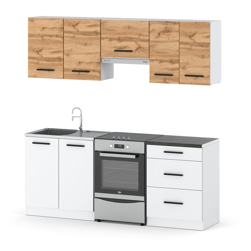 Kuchnia nowoczesna modułowa pojemna z blatem 2m biały dąb wotan biały mat