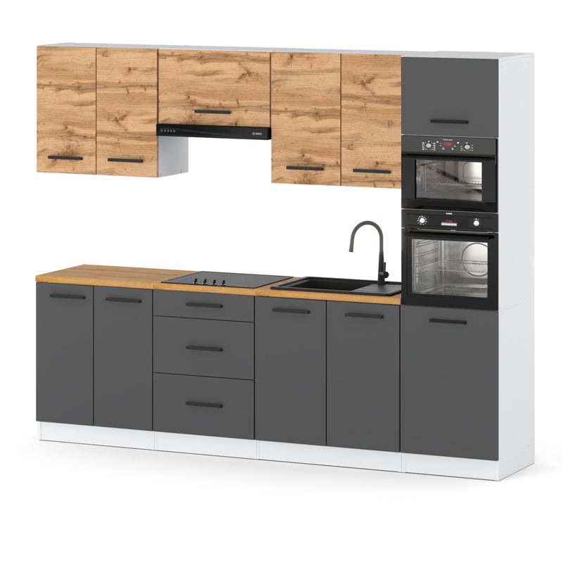 Kuchnia nowoczesna modułowa duża ze słupkiem 2.6m biały wotan szary mat