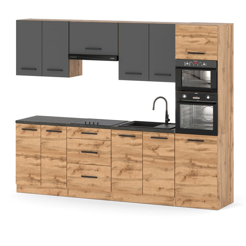 Zestaw mebli kuchennych marra 2.6m kuchnia modułowa szara mat dąb wotan