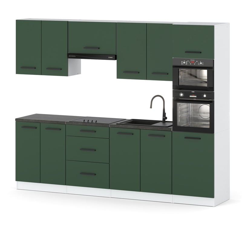 Kuchnia modułowa nowoczesna ze słupkiem duża 2.6m biały butelkowa zieleń