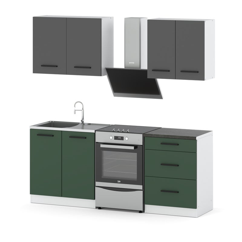 Kuchnia modułowa nowoczesna z blatem mała 2m biały szary butelkowa zieleń