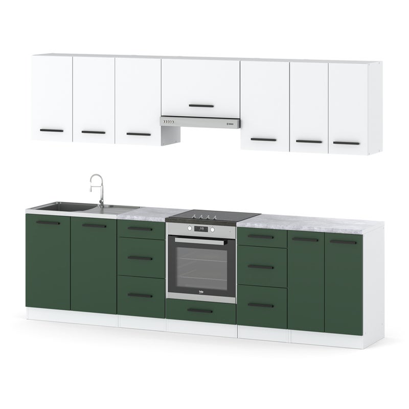 Meble kuchenne modułowe roma 2.8m kuchnia nowoczesna białe butelkowa zieleń