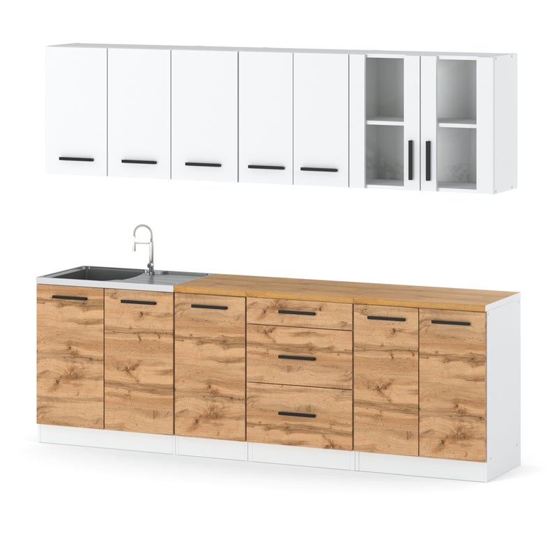 Meble kuchenne białe z drewnem remino 2.6m nowoczesne modułowe dąb wotan