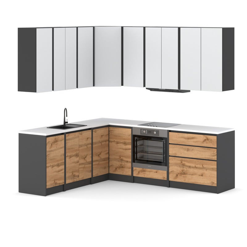 Kuchnia bella narożna piekarnik modułowa 4.4m szary biały mat dąb wotan
