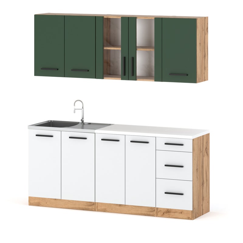 Meble kuchenne modułowe rest z blatem 2.0m wotan butelkowa zieleń biały mat